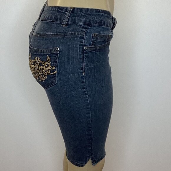 Y2K Size 7 Hip Jeans Smoked Denim Bermuda Shorts With Gold Stiching On Pockets - Picture 2 of 5
